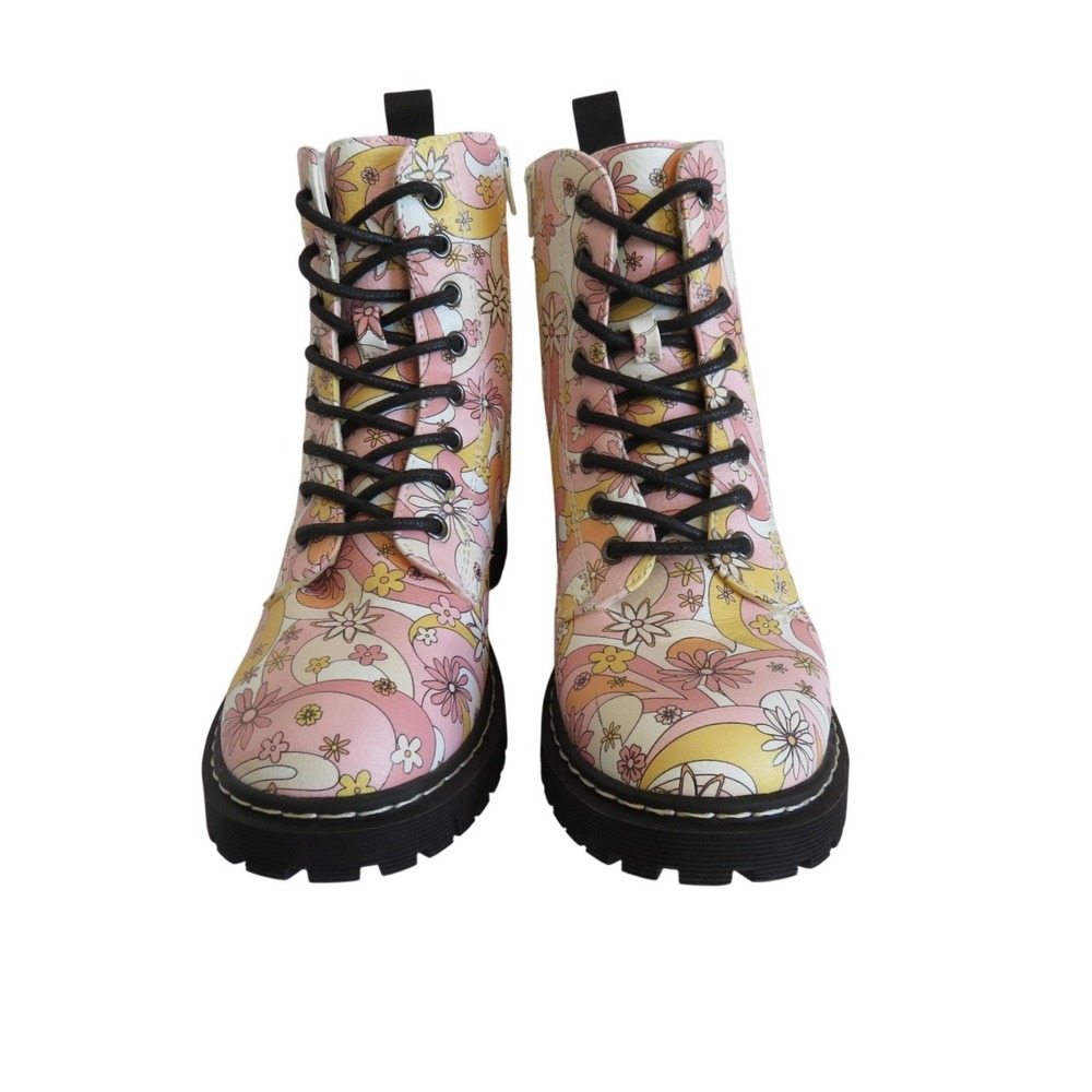 Unionbay Ginny Pink Retro Floral Combat Boots Womens 8M Psychedelic Lug Sole Zip - Picture 4 of 8